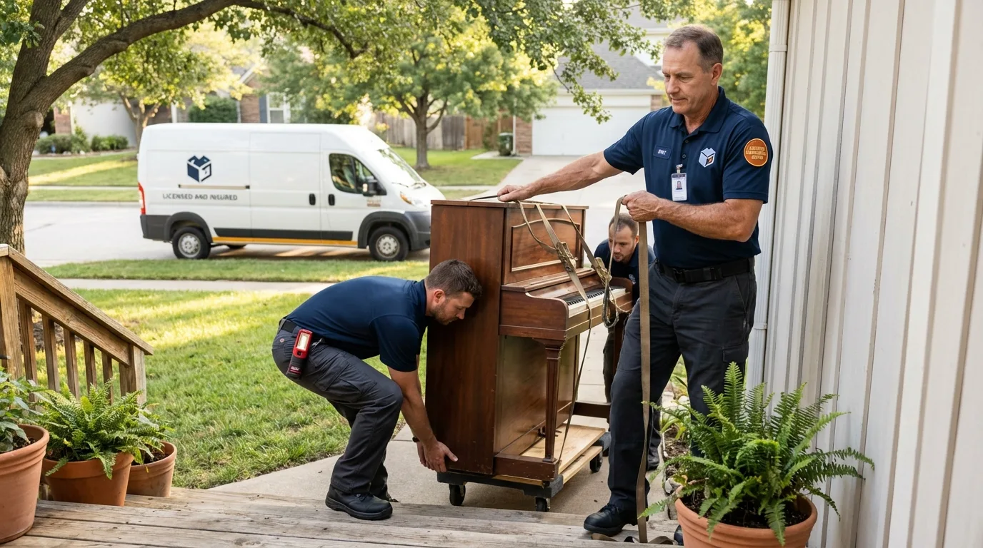 Licensed piano movers securing grand piano in Newbury, NH