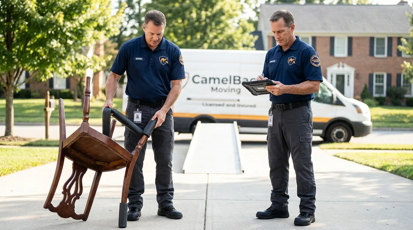 Movers inspecting furniture for damage prevention before loading in Newbury, NH