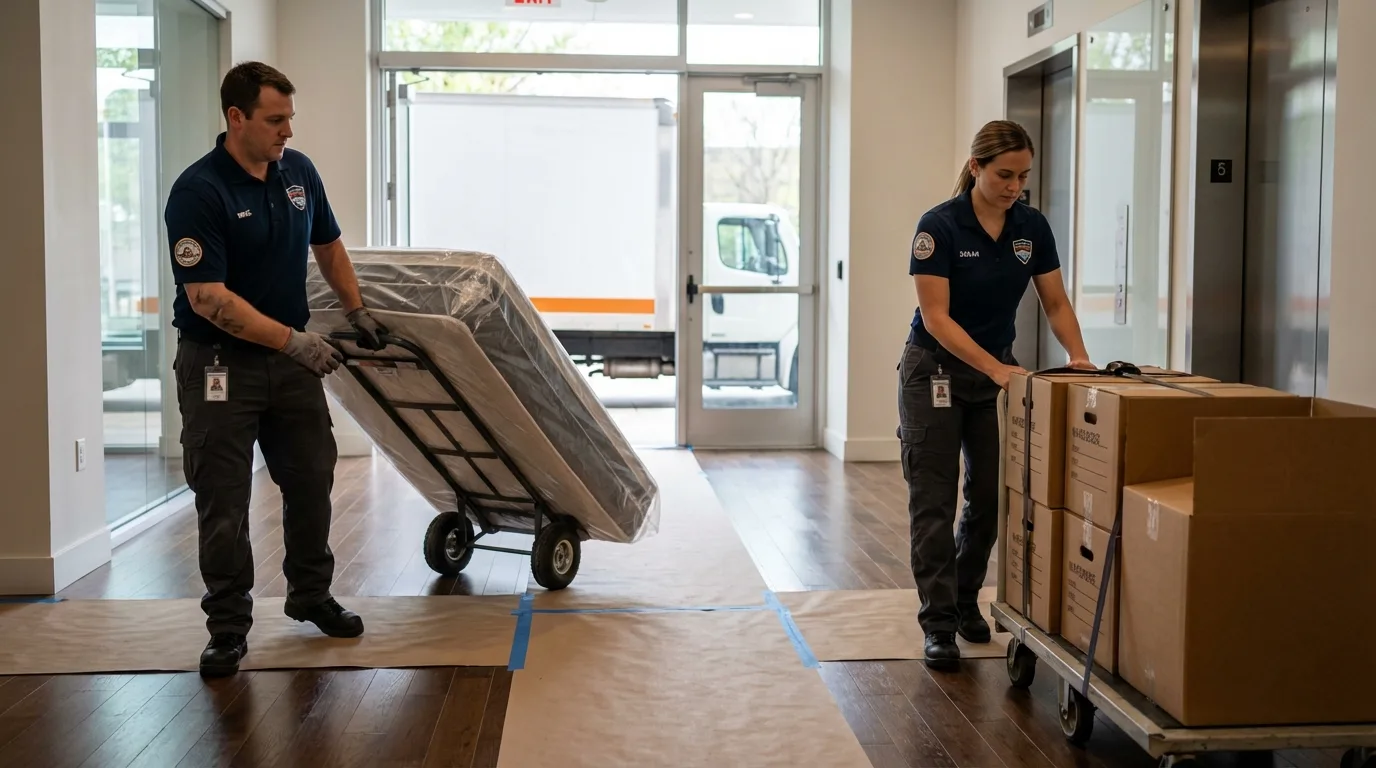 Professional apartment movers loading elevator in Newbury, NH