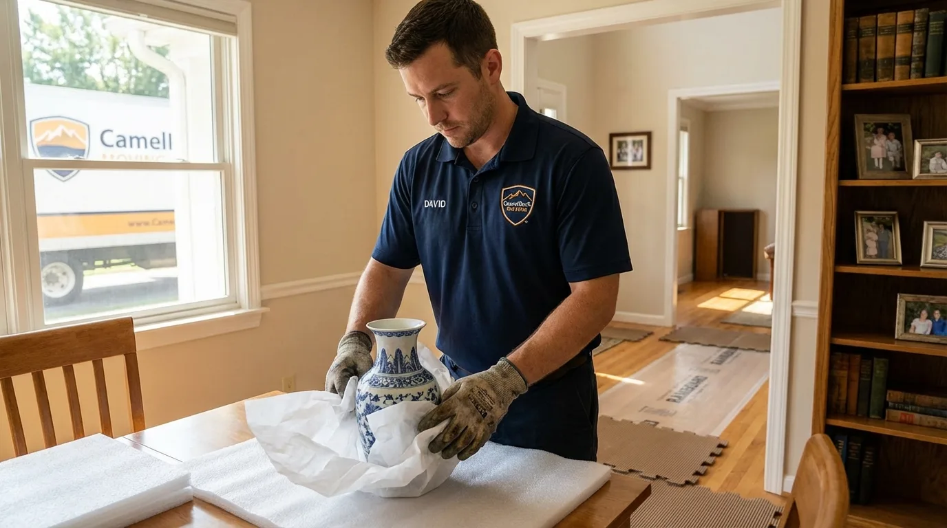 Professional crew carefully wrapping antique vase for senior downsizing move in Newbury, NH