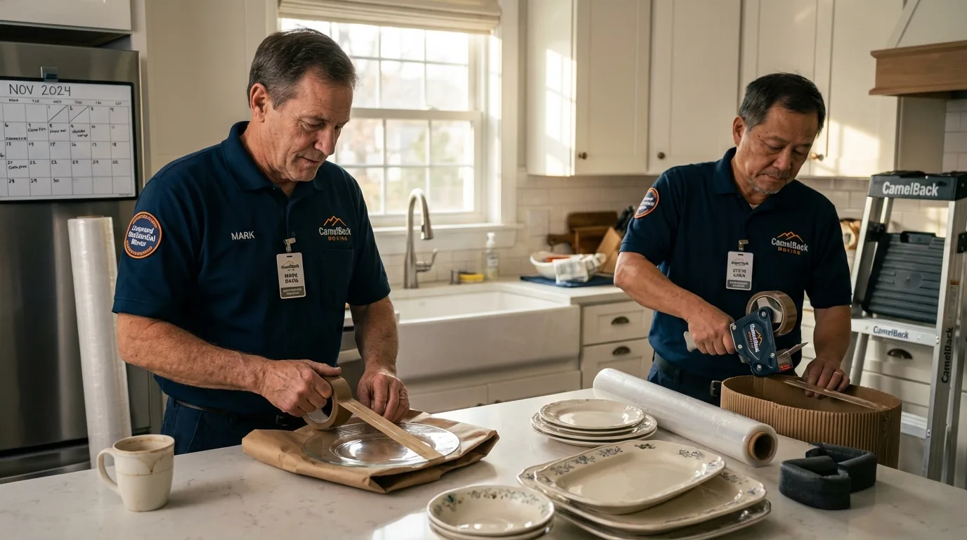 Professional crew packing kitchen dishware in Newbury, NH